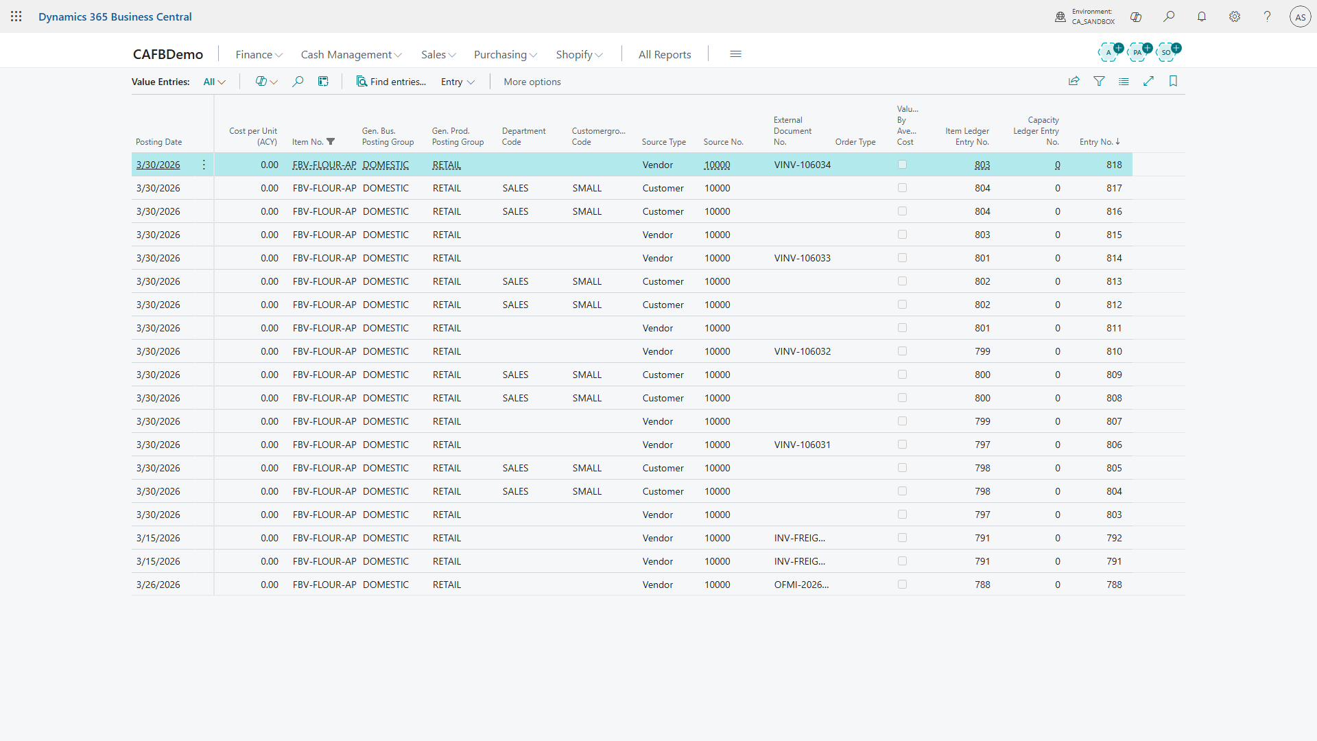 Value Entries page for a single item showing Expected Cost entries and Actual Cost entries, with the Adjustment column visible