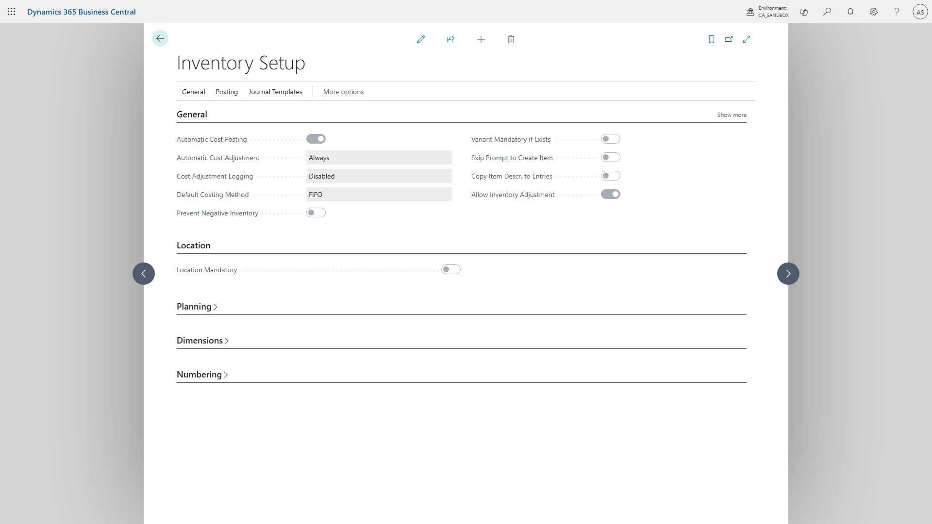 The Inventory Setup page highlighting the 'Automatic Cost Adjustment' and 'Automatic Cost Posting' fields