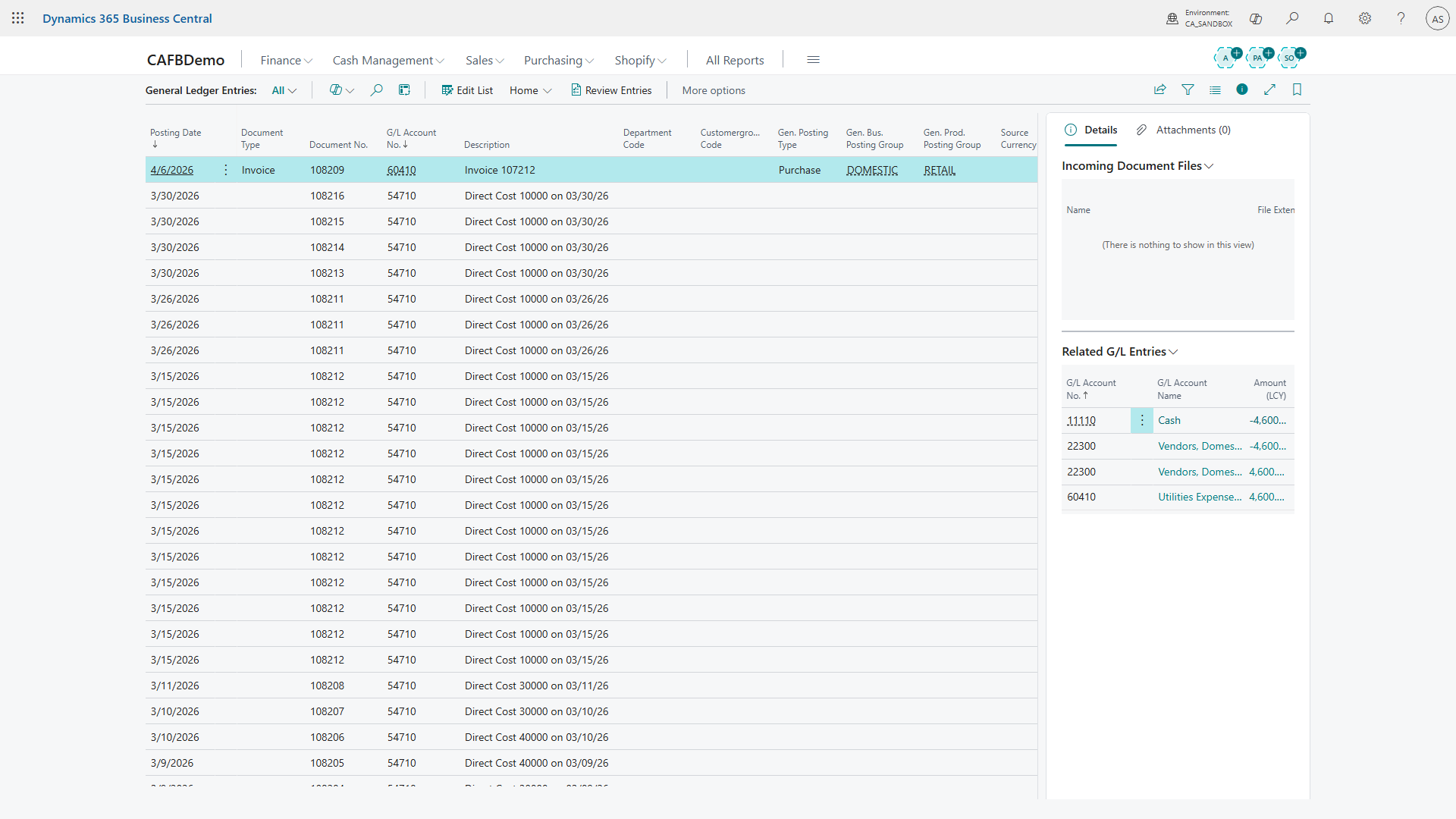 General Ledger Entries generated by the cost adjustment, showing the inventory account and COGS adjustment entries