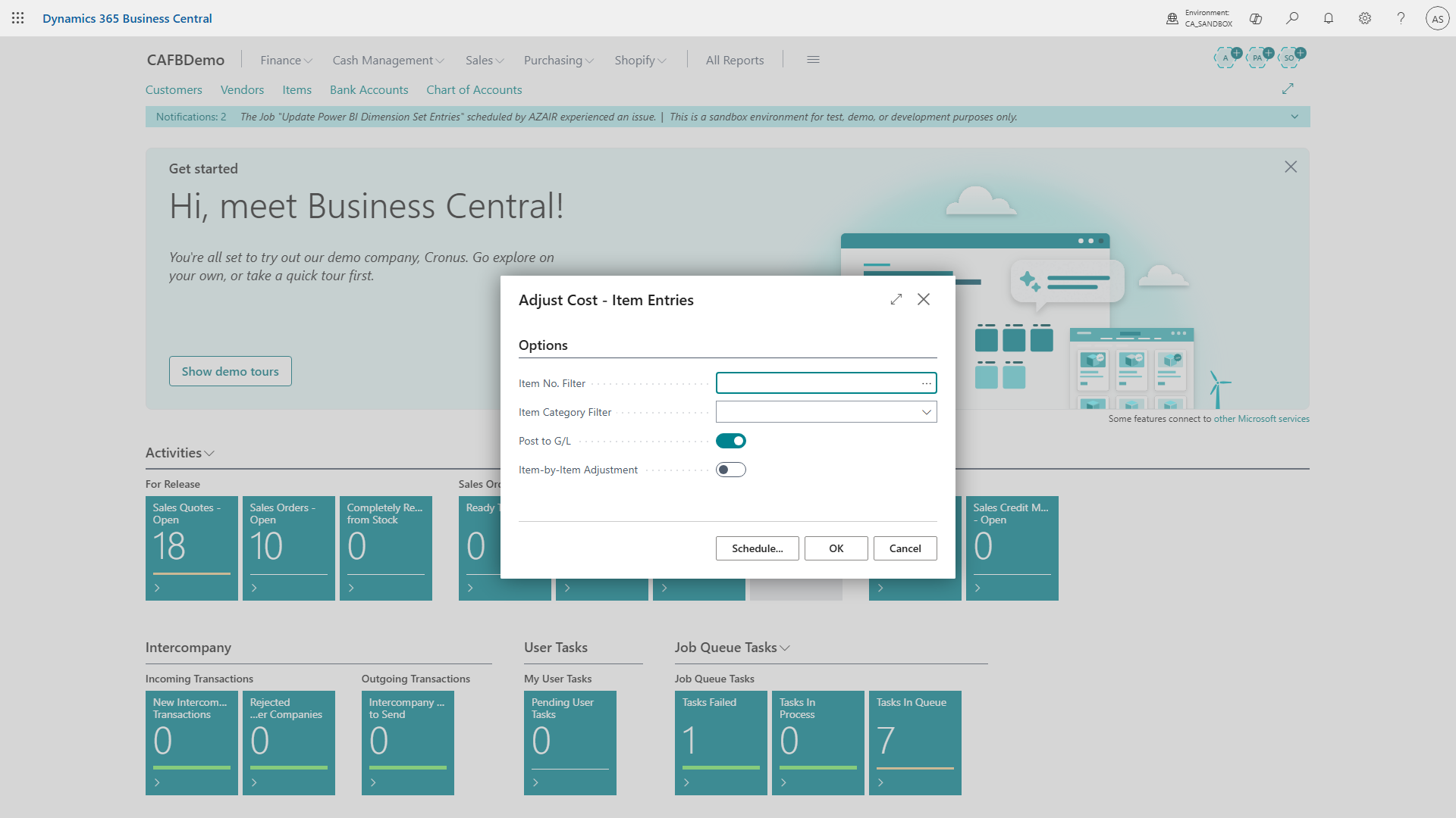 The 'Adjust Cost - Item Entries' batch job request page showing the Item No. Filter, Item Category Filter, Post to G/L toggle, and Item-by-Item Adjustment toggle