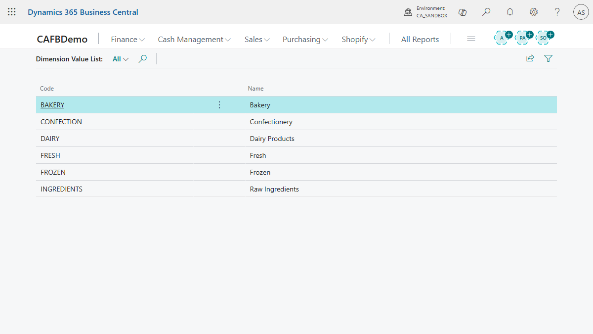 Dimension Value List in Business Central showing PRODUCT-LINE codes BAKERY, CONFECTION, DAIRY, FRESH, FROZEN, INGREDIENTS in the CAFBDemo environment