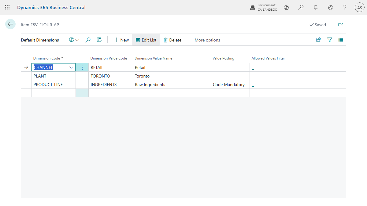 Item FBV-FLOUR-AP Default Dimensions in Business Central showing CHANNEL = RETAIL, PLANT = TORONTO, and PRODUCT-LINE = INGREDIENTS with Code Mandatory value posting